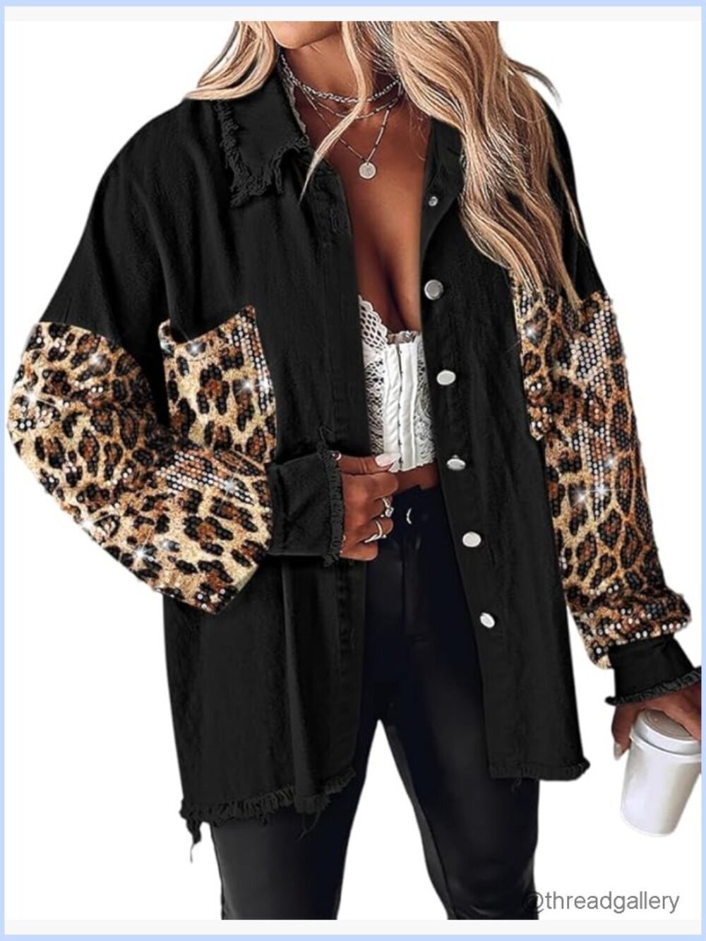 Sequin Patchwork Oversized Denim Shacket Long Sleeve Button Front Raw Hem